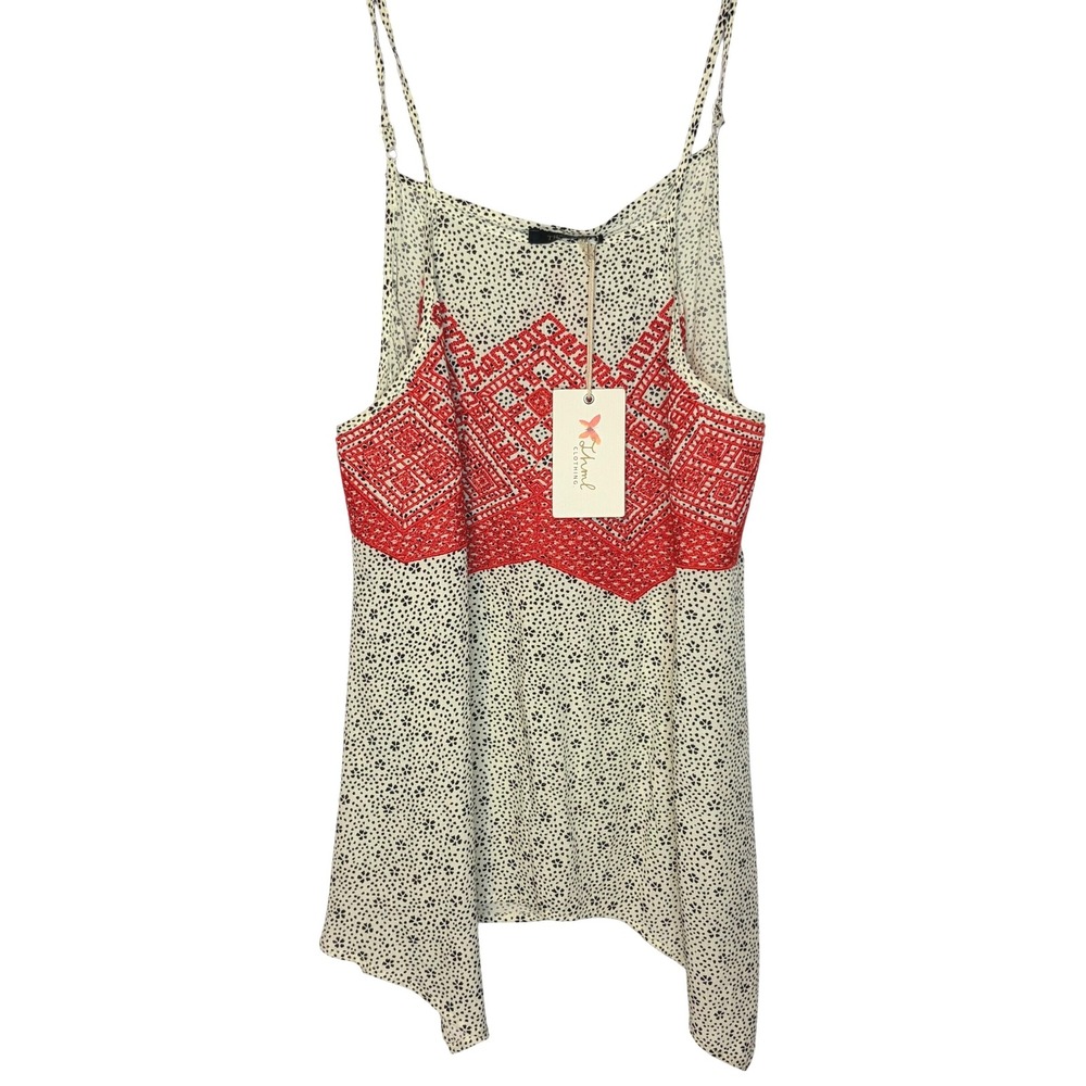 THML NWT Embroidered Cami XL Boho Red Cream Handkerchief Hem Ditsy Floral Tank